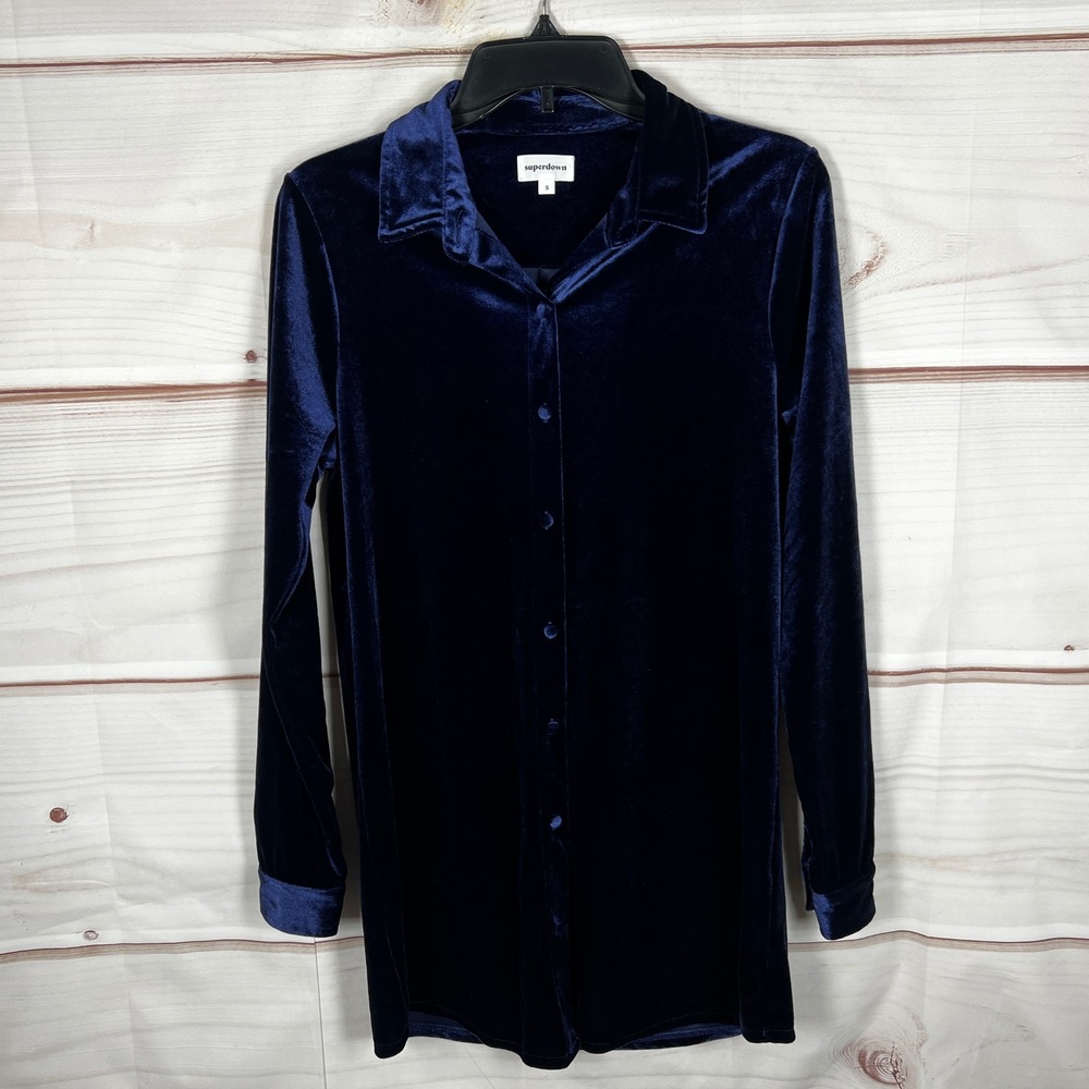Superdown Velvet Button Down Mini Dress Womens Small Blue Solid Long Sleeve